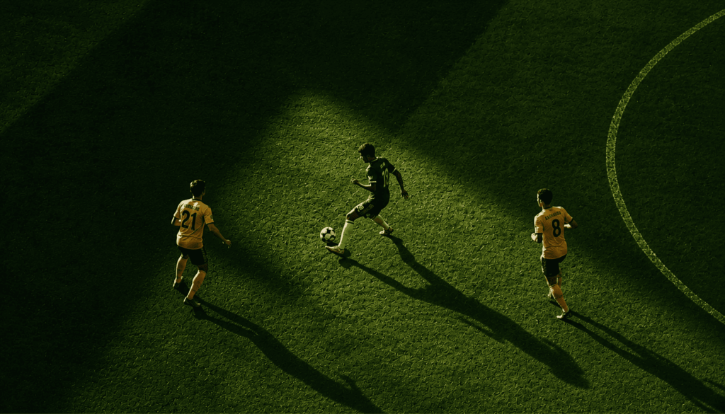 Aerial view of three soccer players on a green field; one in dark kit dribbles the ball while two in yellow defend, with long shadows across the pitch.
