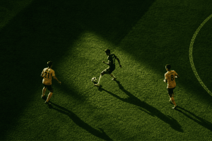 Aerial view of three soccer players on a green field; one in dark kit dribbles the ball while two in yellow defend, with long shadows across the pitch.