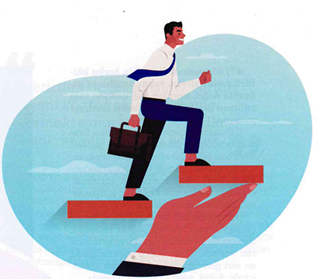 Businessman with a briefcase stepping onto red blocks, a giant hand beneath guiding him—symbolizing career advancement or mentorship.