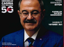 BCC Mag cover showing a man in a blue suit with glasses on a dark background, surrounded by bold Turkish headlines and a red circular graphic in the corner.