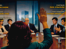 Back of a woman raising her hand in a boardroom during a meeting; magazine cover 'Business Life' with executives around a conference table in the background, and bold Turkish text about women in leadership.