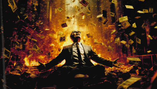 mart-2026-insan - Acar Baltaş | Psikolog Businessman in a suit sits cross‑legged with arms wide as flames and money rains down around him, depicting chaos and excess.