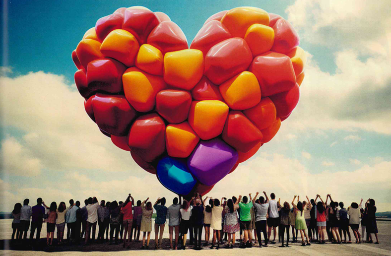 ocak-2026 - Acar Baltaş | Psikolog Large heart-shaped cluster of red, orange, yellow, and purple balloons held up by people on a sunny beach. It conveys celebration and community.